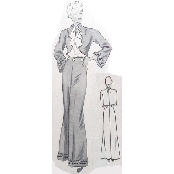 vintage 96 cm/38" taille de buste des années 30 costume de salon pantalon large + patron de couture de haut sans manches et de veste boléro.
