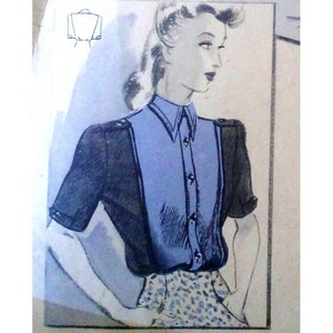 Vintage 102cm/40&quot; bust size 1940s classic front button closure colorblock shirt / blouse with long or short sleeve sewing pattern