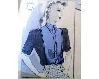 Vintage 102cm 40" bust size 1940s classic front button closure colorblock shirt / blouse with long or short sleeve sewing pattern