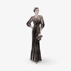 May include: A vintage illustration of a woman wearing a black gown with a lace bodice and a small clutch.