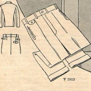May include: A line drawing of a pair of pants with a zippered pocket and a belt loop. The pants are folded in half and the drawing shows the inside of the pants leg. The drawing is labeled "V 2803".