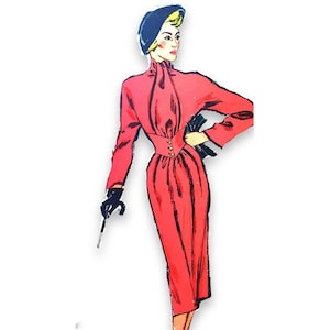 Vintage 96cm/38&quot; bust size 1940s long sleeve gathered neckline, bodice with midriff and pencil skirt with side pockets dress sewing pattern.