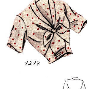Peut inclure: Un chemisier blanc à pois rouges et un nœud papillon noir. Le chemisier a des manches courtes et un col en V. Le numéro 1217 est écrit sous le chemisier.