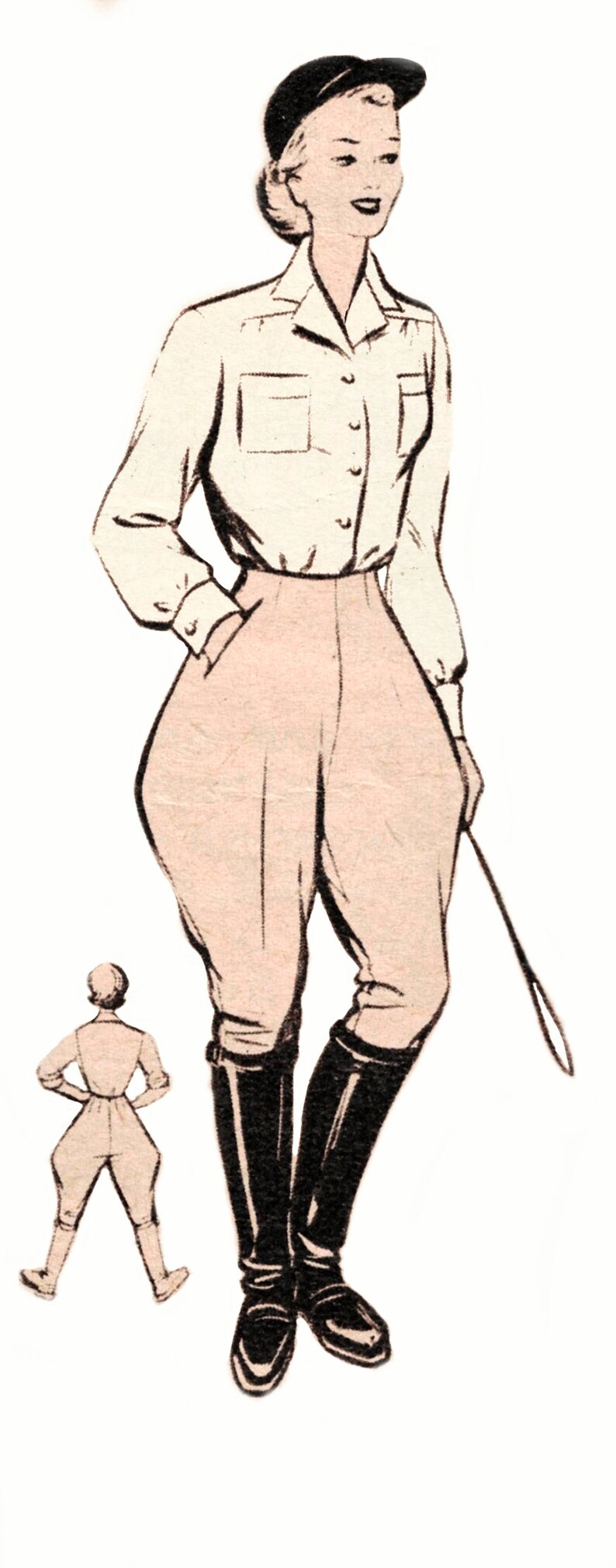 May include: A woman wearing a white button-down shirt with a light pink pair of riding breeches and black riding boots. She is holding a riding crop in her right hand.