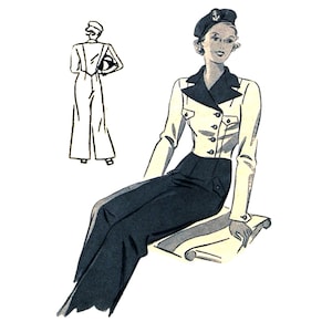 Vintage  90cm 35"  bust size 1930s long sleeve assymetric button closure jacket and wide straight leg trousers sewing pattern