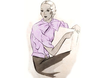 Vintage 92cm/36" bust size 1930s short gathered sleeve high neckline blouse sewing pattern.