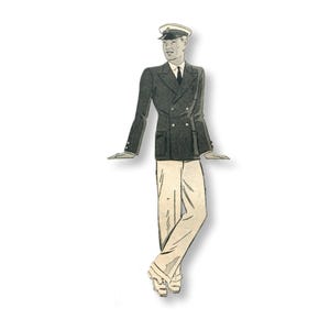 May include: A black double-breasted jacket with a white cap and white pants. The jacket has a single button closure and a pocket on the left side.