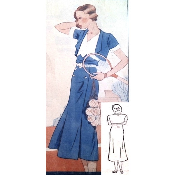 Vintage 96cm/38" bust size 1930s short sleeve two tone tennis dress / sports dress sewing pattern.