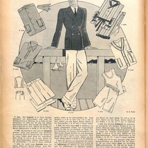 May include: A vintage magazine page featuring a man in a navy blue double-breasted jacket and white pants. The page is filled with illustrations of various clothing items, including shirts, pants, and a vest. The text on the page reads "Eine Seite f&uuml;r den Mann" which translates to "A Page for the Man".