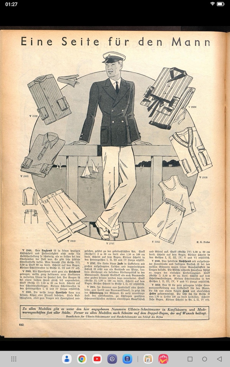 May include: A vintage magazine page featuring a man in a navy blue double-breasted jacket and white pants. The page is filled with illustrations of various clothing items, including shirts, pants, and a vest. The text on the page reads "Eine Seite f&uuml;r den Mann" which translates to "A Page for the Man".