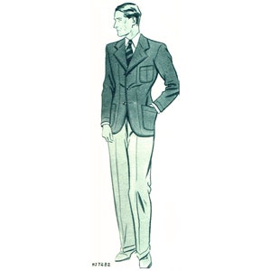 May include: A vintage illustration of a man wearing a dark green blazer with a patch pocket and white pants. The man is standing with his right hand in his pocket and his left hand by his side.