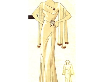 Vintage 96cm 38" bust size 1930s split sleeve evening gown / evening dress sewing pattern.