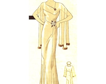 Vintage 96cm/38" bust size 1930s split sleeve evening gown / evening dress sewing pattern.