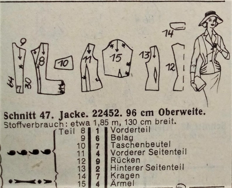 Mönster för sömnad av vintagekavaj från 1950-talet, 96 cm bystmått 89 cm bild 3