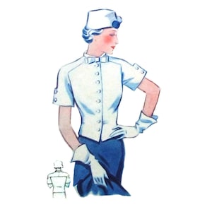 Vintage 90cm/35&quot; or 96cm/38&quot; bust size 1930s short sleeve military style uniform blouse sewing pattern