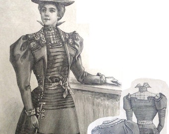 May include: An antique illustration of a woman in a vintage dress and hat. The dress features a high collar, long sleeves, and a striped skirt. The hat is adorned with feathers and a bow. A smaller illustration of the dress is also included.