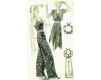 Patrón de costura para traje de playa vintage de los años 30, con pantalones de pierna ancha y top de tirantes, busto de 96 cm/38", chaqueta bolero de manga corta.