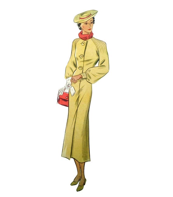 Vintage 104cm/41" Bust Size 1930s Tight Fit Coat With Front Button Closure  and Pin-tuck Decorated Raglan Sleeve Sewing Pattern - Etsy UK