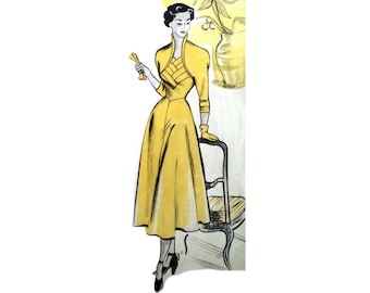 Patrón de costura para vestido de otoño/invierno vintage de los años 50, talla de busto 96 cm (38"), corpiño adornado con apliques cruzados en la parte delantera y mangas kimono de 3/4.