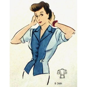 Puede incluir: Una ilustración vintage de una mujer con una blusa azul y blanca con cierre de botones. La blusa tiene un corpiño ajustado y mangas cortas. La ilustración es de estilo retro y presenta un fondo sencillo.