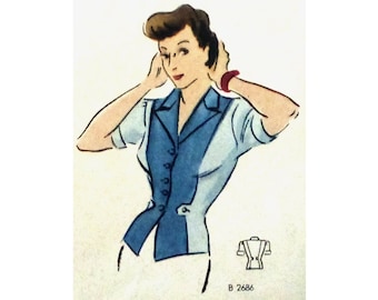 Vintage 108cm 42" bust size 1940s color block short sleeve front button closure blouse sewing pattern.