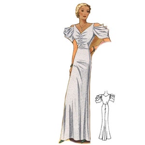 Vintage 96cm/38&quot; bust size 1930s off-shoulder pleated sleeve and ruched bodice front sewing pattern.