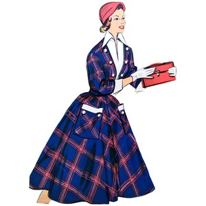 May include: A woman in a blue and red plaid dress with a white collar and a red hat. She is carrying a red purse and wearing white gloves.