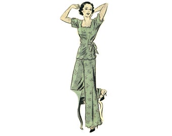 Vintage 88cm/34" busto tamaño 1930s camisa de manga corta con borde festoneado y pantalones de pierna ancha Patrón de costura de pijama.