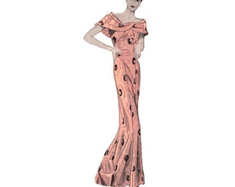 Vintage 96cm 38" bust size 1930s off shoulder cape sleeve floor length formal dress /evening dress sewing pattern.