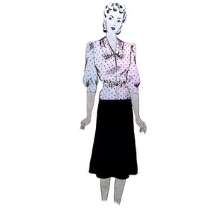 May include: A vintage illustration of a woman wearing a pink and white polka dot blouse with a black skirt. The blouse has a Peter Pan collar and puffed sleeves.