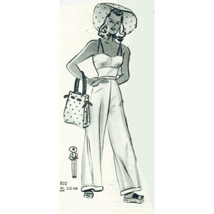 Puede incluir: Una ilustración en blanco y negro de una mujer con un mono blanco de pierna ancha. Lleva un sombrero blanco con lunares negros y lleva un bolso de mano de lunares negros y blancos. La ilustración está etiquetada como "802 00. 112 cm".