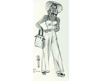 Patrón de costura para traje de playa vintage de los años 40, talla 100 cm/39", pantalón con pernera ancha y entrepierna baja, blusa sin mangas y chaqueta con capucha de manga corta.