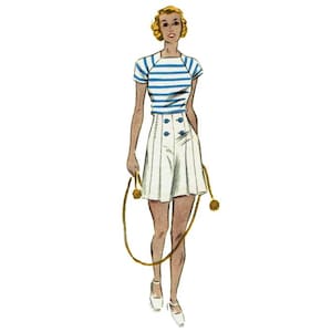 Vintage 92cm/36&quot; bust size 1930s beach suit - wide leg pleated shorts with side button closure and short raglan sleeve shirt sewing pattern