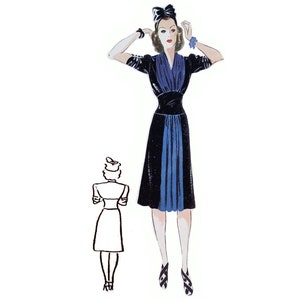 Vintage 104cm/41" bust size 1940s short ruched detail sleeve color block fancy day dress sewing pattern.