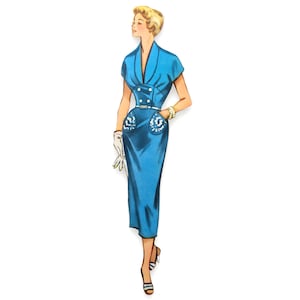 May include: A woman wearing a blue dress with a white collar and a belt. The dress has two pockets with white floral embroidery. She is wearing white gloves and white shoes.