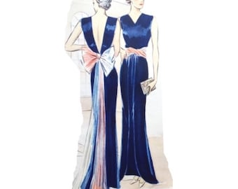 Vintage 88cm/34" bust size 1930s sleeveless open back long evening gown/ formal dress sewing pattern.