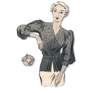 Vintage 108cm/42&quot; bust size early 1930s pleated split front and lace puff sleeve blouse sewing pattern