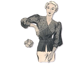 Modello di cucito vintage per camicetta con maniche a sbuffo e spacco frontale plissettato e pizzo, taglia di seno 108 cm/42" dei primi anni '30