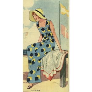 Vintage 96cm / 38&quot;  bust size 1930s lounge suit / beach suit / sun-suit wide leg trousers with sleeveless top  sewing pattern