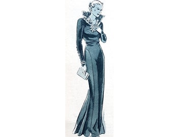 Size 112cm/44" bust 1935 long sleeve fitted evening / formal occasion dress sewing pattern.