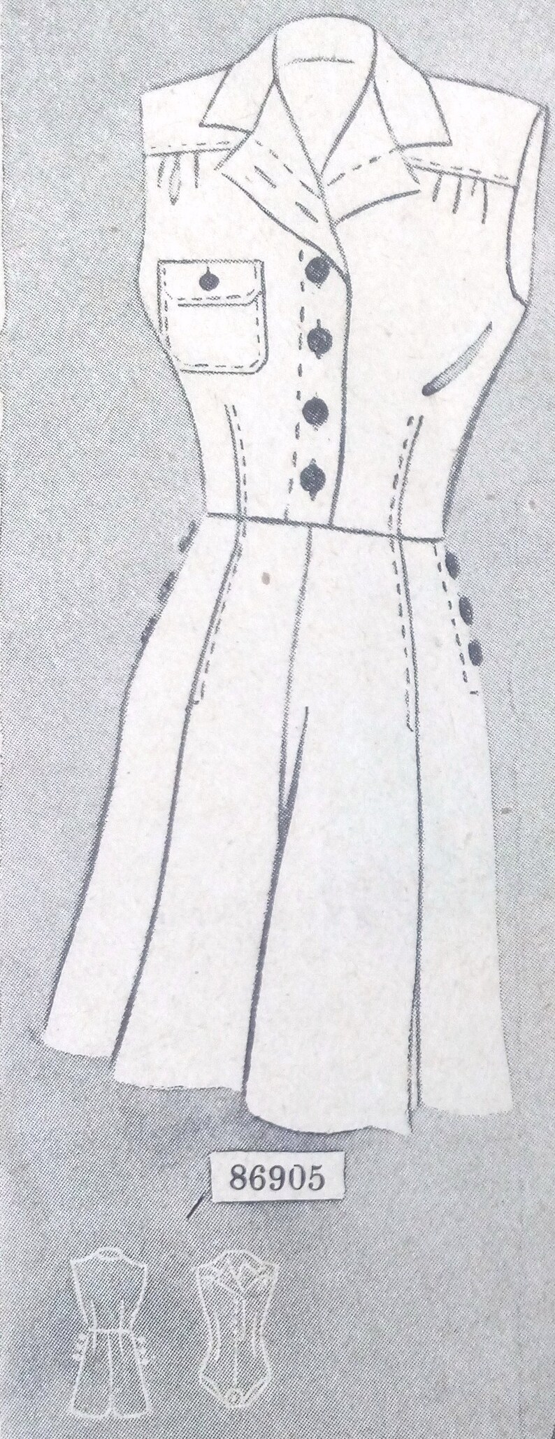 Puede incluir: Un patr&oacute;n de vestido sin mangas con cuello, cierre de botones y bolsillos. El patr&oacute;n incluye un n&uacute;mero, 86905, y dos ilustraciones m&aacute;s peque&ntilde;as del vestido.