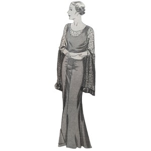 May include: A black and white illustration of a woman wearing a long, flowing gown with a lace overlay. The gown has a fitted bodice and a flowing skirt. The woman is standing with her arms crossed in front of her.