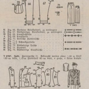 May include: A sewing pattern for a pair of pants and a jacket. The pattern includes instructions and diagrams for cutting and sewing the garments. The pattern is for size 11 and requires 3 yards of fabric for the pants and 1.9 yards of fabric for the jacket.