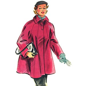 May include: Illustration of a woman wearing a magenta coat with a matching hat. She is holding a black and white purse and wearing gloves. The coat has a large collar and buttons down the front. The woman is wearing black pants.
