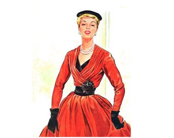 Vintage 92cm 36" bust size 1950s draped front and long sleeve cocktail dress /prom dress/ball gown sewing pattern.