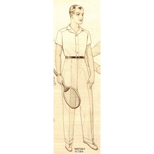 Menswear vintage 1930s classical straight cut men trousers / pants sewing pattern for waist size 88cm/34.6&quot;