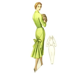 Peut inclure: Une illustration vintage d'une femme portant une robe verte avec un grand nœud dans le dos. La robe est cintrée et a une longue jupe. La femme tient un chapeau dans sa main. L'illustration est dans un style rétro.