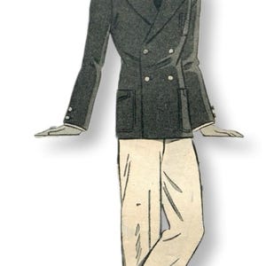 May include: A man wearing a dark blue double-breasted jacket with a white cap, white pants, and brown shoes.