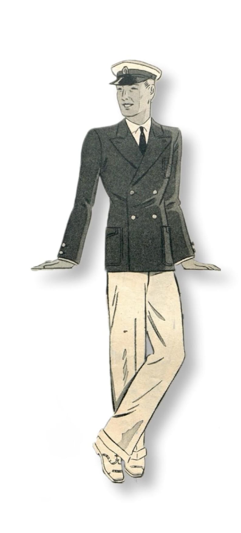 May include: A man wearing a dark blue double-breasted jacket with a white cap, white pants, and brown shoes.