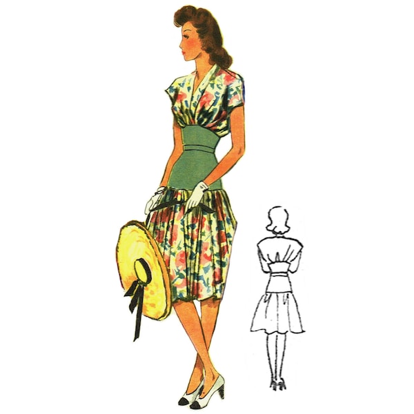 Vintage 84cm/33" bust size 1940s ruched sleeveless bodice, fit midriff and gathered knee length skirt color block day dress sewing pattern.